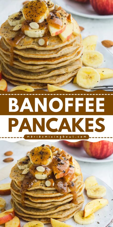 Want more breakfast ideas for school mornings? You'll love these easy banoffee pancakes! Light and fluffy with a topping of bananas and caramel sauce, this homemade pancake recipe tastes like a banoffee pie. Save this back to school food idea! Breakfast Ideas For School Mornings, Breakfast Ideas For School, Back To School Food, Light Fluffy Pancakes, Homemade Pancake Recipe, Pancake Toppings, Easy Recipes For Beginners, Banoffee Pie, Tasty Pancakes