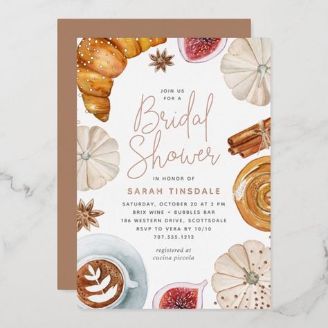 Cozy Fall Bridal Shower Brunch Rose Gold Foil Invitation Foil Invitations, Foil Cards, Gold Foil Invitations, Silver Foil Invitation Fall Bridal Shower Brunch, Coffee Bridal Shower, Rose Gold Foil Invitations, Bridal Shower Brunch Invitations, Fall Bridal Shower Invites, Autumn Bridal, Winter Bridal Showers, Bridal Shower Planning, Gold Foil Invitation