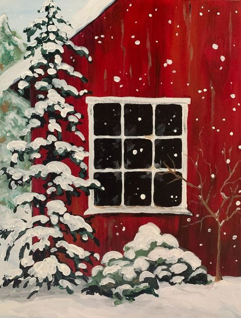 SOLD OUT! Fletcher Bay, Bainbridge – “Snowy Red Barn” | Corks and Canvas Events Winter Paintings Easy, Christmas Paint Party Ideas, November Painting Ideas, Winter Painting Easy, Easy Winter Paintings, Easy Winter Paintings For Beginners, Christmas Art Painting Acrylic, Easy Christmas Paintings For Beginners, Red Barn Painting