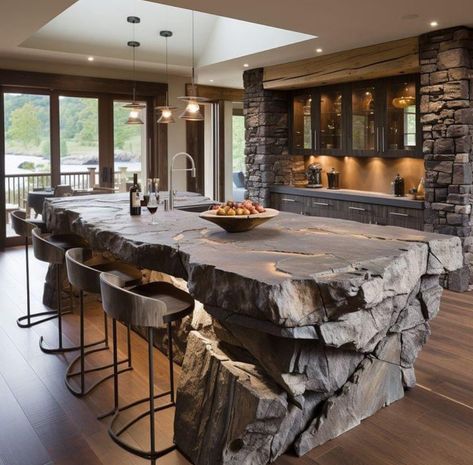 Stone On Island Kitchen, Island Kitchen Table Ideas, Rock Outdoor Kitchen, Rock In Kitchen, Natural Stone Kitchen Island, Luxury Farmhouse Kitchen Design, Custom Island Kitchen Ideas, Stone Kitchen Island Ideas, Stone Island Kitchen