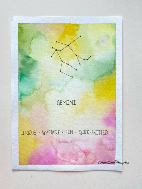 Watercolour hand painted Gemini Zodiac card with their star constellation and personality traits. Gemini Painting, Zodiac Artwork, Zodiac Cards, Star Constellation, Art Moon, Star Constellations, Craft Night, Gemini Zodiac, Christmas Paintings