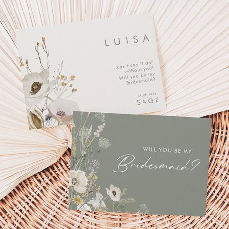 Whimsical Wildflower | Sage Bridesmaid Proposal Invitation Sage Green And Purple, Boho Bridal Party, Boho Invitations, Invitation Elegant, Be My Bridesmaid Cards, Bridal Party Proposal, Bridesmaid Cards, Boho Bridal, Will You Be My Bridesmaid