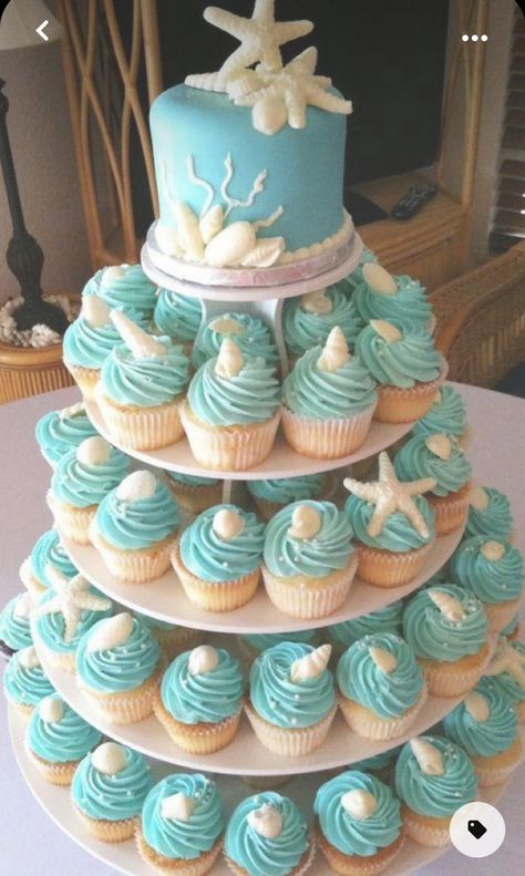 Coastal Wedding Cake, Cupcake Tower Cake, Beach Cupcakes, Beach Bridal Showers, Beach Cakes, Beach Wedding Cake, Cake And Cupcakes, Cupcake Tower, Wedding Cakes With Cupcakes