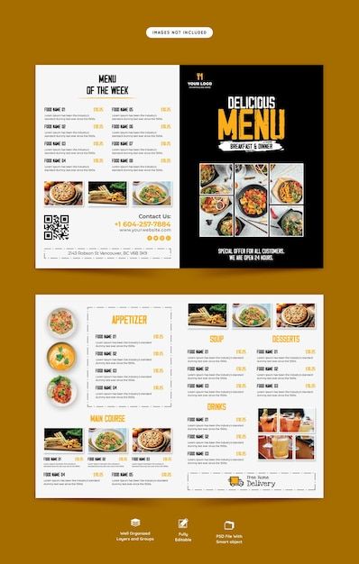 Food menu and restaurant bifold brochure... | Free Psd #Freepik #freepsd #food-menu-flyer #pizza-brochure #pizza-flyer #banner-food-menu Menu Card Cover Page Design, Food Landing Page, Breakfast Menu Design, Drink Menu Design, Menu Cover Design, Brochure Food, Restaurant Layout, Cafe Menu Design, Mises En Page Design Graphique