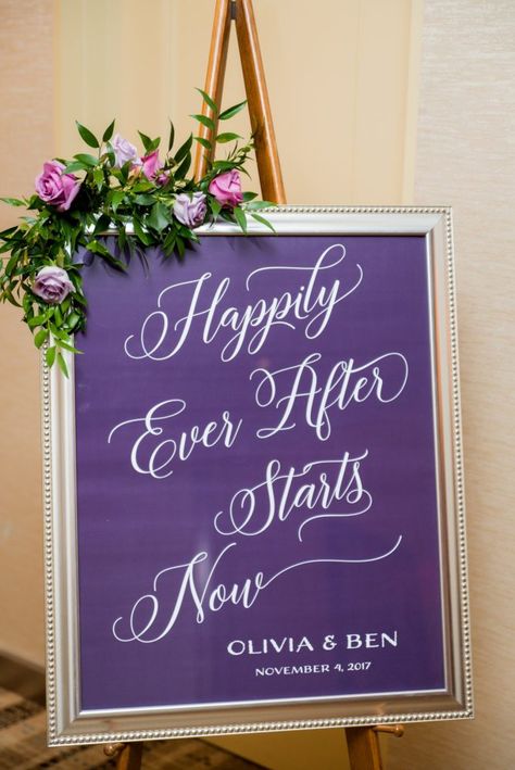 Wedding Welcome Signs: Contemporary Purple & Silver Wedding at the Fairmont Pittsburgh Hotel from Leeann Marie Wedding Photographers featured on Burgh Brides. Find more wedding inspiration at burghbrides.com! #contemporarywedding #purpleweddinginspiration #weddingsign #weddingreceptiondecor Purple Silver Wedding, Purple Wedding Reception, Purple And Silver Wedding, Purple Wedding Decorations, Purple Wedding Inspiration, Marriage Reception, Purple Stuff, Purple Wedding Theme, Purple Wedding Invitations