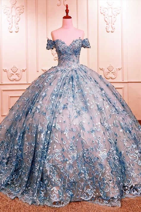 blue lace ball gown Big Prom Dresses Ball Gowns, Grand Ball Gown, Big Prom Dresses, 15 Birthday Dresses, Poofy Prom Dresses, Baby Blue Prom Dresses, Poofy Dresses, Quinceañera Ideas, Poofy Dress