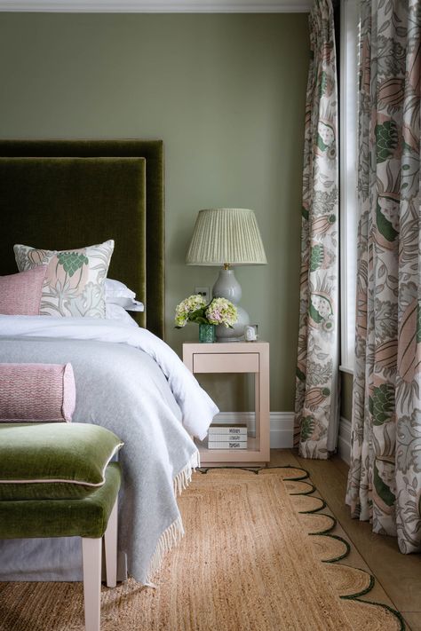 Brook Green, London  | Sean Symington Green Headboard, Brook Green, Interior Design Gallery, Velvet Headboard, Green Bedding, Bedroom Headboard, Green Interiors, Green Rooms, Bedroom Green