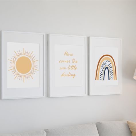 🌈A beautiful, neutral print to inspire your little ones! This set of 3 digital prints is the most gorgeous addition to a kids room, play room or nursery. It is boho style and contemporary with calming yellow tones and watercolour style text that says 'Here comes the sun little darling'. This is available on Etsy as a printable digital file for less than $7! So easy to pint at a local print shop or even at home if you have a printer. Here Comes The Son Nursery, Clouds Nursery, Baby Nursery Neutral, Here Comes, Neutral Prints, Yellow Tones, Nursery Neutral, Baby Boy Nurseries, Boy Nursery