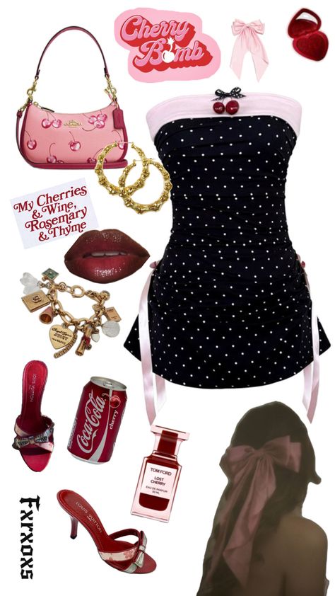 https://www.instagram.com/kyra.rayne?igsh=MWJkYzk2N2IxbGx3NQ== Lanadelrey Aesthetic, Dressy Casual Outfits, Fits Aesthetic, Chic Fall Outfits, Cherry Dress, Latina Fashion, Aesthetic Coquette, 2000s Fashion Outfits, Cherry Bomb