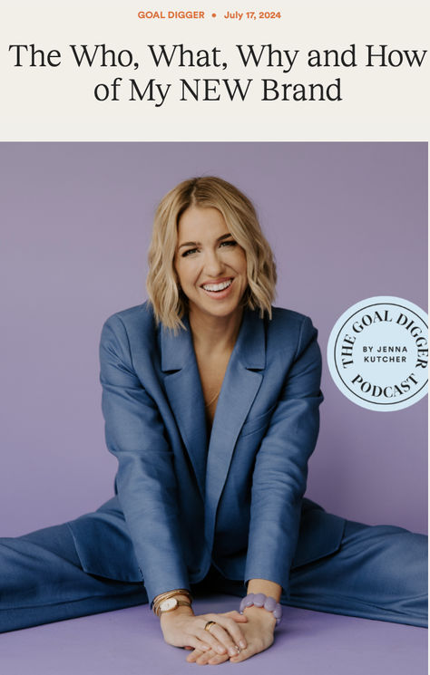 The Who, What, Why and How of My NEW Brand | The Goal Digger Podcast | Jenna Kutcher | A lot of times when we think about a rebrand, we think about new logos and colors… and as you’ll hear in this episode, there was a lot of that.  But through this process, there was also a lot of discussion about what the Jenna Kutcher brand IS.  In this episode, I’m peeling back the curtain on what went into the new brand, why it came about, who played a role in helping get it done, and how we went about it. Jenna Kutcher Pinterest, Jenna Kutcher Profile, Personal Rebrand, Jenna Kutcher, Podcasts Spotify, Business Branding Inspiration, Brand Shoot, Branding Shoot, Branding Inspo