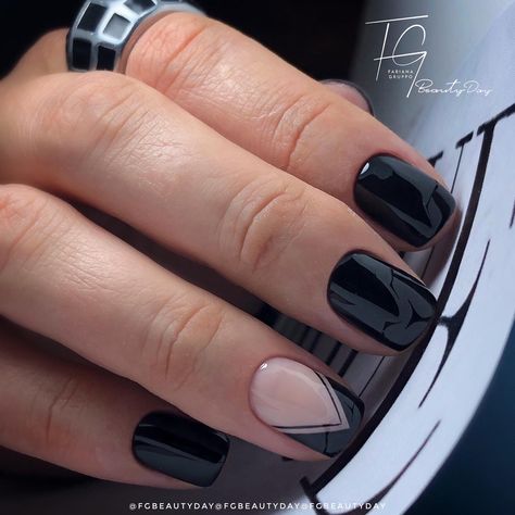 Nails For Office Work Short, Short Black Biab Nails, Black Shellac Nails Design, Simple Black Nails Designs, Black And Natural Nails, Squoval Nails Design Black, Black Squoval Acrylic Nails, Cute Black Nails Ideas Simple, Black Sns Nail Designs