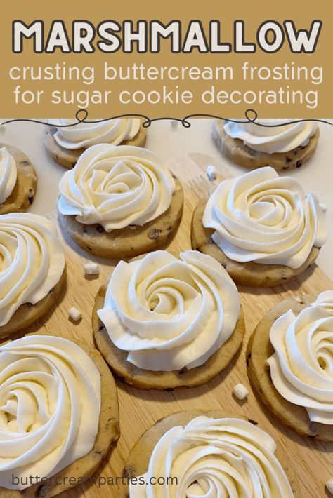 This marshmallow buttercream combines the nostalgic taste of marshmallow and the fun hobby of buttercream sugar cookie decorating together. You'll use an ingredient that does not alter the consistency of buttercream. This is how you are able to still decorate buttercream sugar cookies. The marshmallow flavor is the perfect amount and goes great with vanilla, chocolate, and s'mores cut out sugar cookie recipes, all found on the blog, buttercreamparties.com, as well! Enjoy! Flavored Cookie Icing, Crusting Buttercream Recipe For Cookies, Buttercream Sugar Cookie Decorating, Buttercream Cookie Decorating, Buttercream Cookie Frosting, Christmas Cookies Buttercream, Decorating Sugar Cookies For Beginners, Decorating Cookies With Buttercream, Sugar Cookies Buttercream Frosting