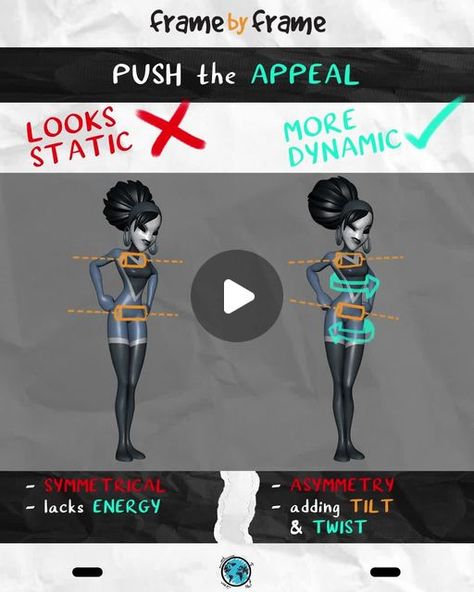 Frame by Frame Animation on Instagram: "Always wondered how to push the appeal on your posing? Check out this Agora HOT TIP 🔥 to see what difference it makes to add tilt and twist into your pose!⁠ ⁠ #agorastudio #framebyframe #agoracommunity #animation #breakdown #3dAnimaton #animationtip #posing #appeal #arttip #animatorsoninsagram #artistsoninsgram⁠ ⁠ Frame by Frame is an initiative of @agora.community" Frame Animation, 3d Pose, Frame By Frame, Frame By Frame Animation, Lack Of Energy, Art Tips, 3d Animation, Twist, Wonder