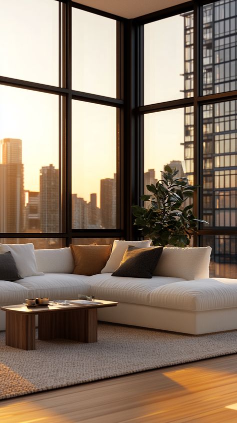 Modern high-rise apartment with full-length windows displaying views of the cityscape. Windows With A View, High Rise Apartment Aesthetic, High Rise Apartment, Nyc Penthouse, High Rise Apartments, Corner Window, Modern Ideas, Apartment Aesthetic, Big Windows