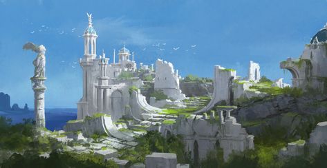 ArtStation - Personal work_200112, Jo hui-je Creature Fantasy, Temple Of Light, Fantasy City, Fantasy Castle, Fantasy Setting, Fantasy Places, Art Et Illustration, Landscape Scenery, Fantasy Art Landscapes