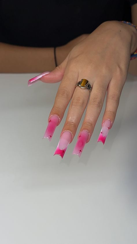 Pink Birthday Nails Square, Pink Airbrush Nails, Airbrush Nails, Edgy Nails, Colored Acrylic Nails, French Tip Acrylic Nails, Short Square Acrylic Nails, Long Acrylic Nails Coffin, Acrylic Nails Coffin Pink