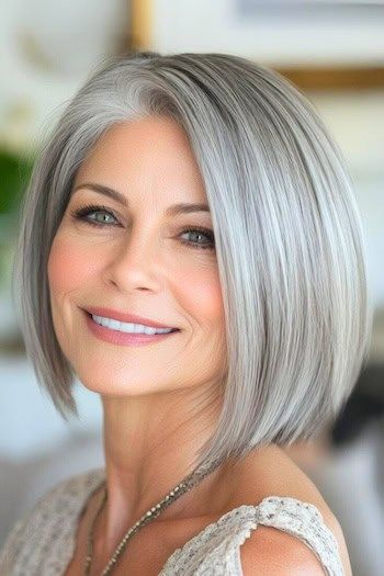 Save this pin for the best gray bob hairstyles for older women. Gray hair shines beautifully with this smooth, straight style. This sleek bob adds definition to the jawline and cheekbones. Grey Bob With Bangs, Gray Bob Hairstyles, Gray Bob, Haircut Gray Hair, Bang Hair, Grey Bob Hairstyles, Line Bob Haircut, Grey Bob, Mom Hair