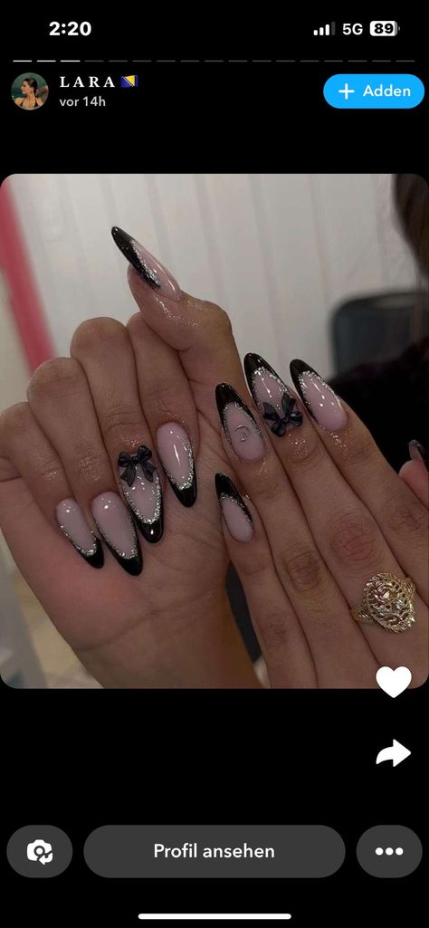 Black Nails With Evil Eye, Black Tips Almond Nails, Black French Nails With Charms, Charm Nails Black, Black Nail Sets Almond, Black Almond Nails Designs Glitter, Nails Acrylic Almond Black, Black Nails Ideas Almond, Birthday Nails Almond