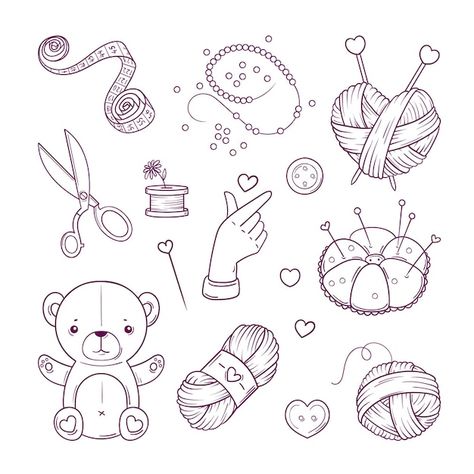 Vector set of elements for sewing, knitt... | Premium Vector #Freepik #vector #knit #knitting-wool #cute-hand-drawn #cute-doodle Crochet Doodle, Clothing Doodles, Horoscope Art, Application Iphone, Doodle Style, Insta Icon, Sketch Challenge, Knitting Wool, Hand Craft