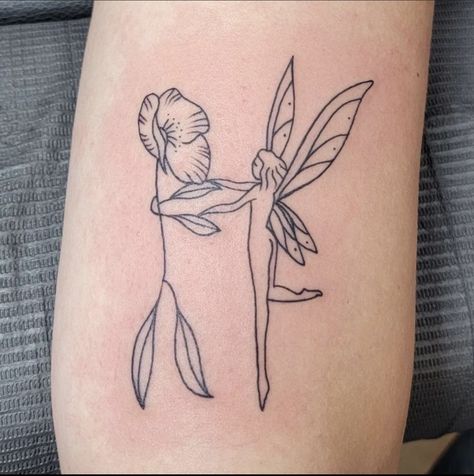 Fairy And Flower Dancing Tattoo, Magic Tattoos For Women, Micro Fairy Tattoo, Fairy Line Art Tattoo, Fairy Sister Tattoo, Whimsical Fine Line Tattoo, Flower Person Tattoo, Fairy Line Tattoo, Flower People Tattoo