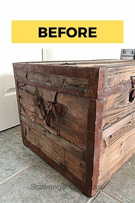 Check out this upcycle idea to turn an old trunk into a coffee table with storage. This DIY wooden chest makeover project is perfect if you're decorating on a budget so check out the before and after photos. #diy #trunk #coffeetable Diy Trunk, Trunk Makeover, Chest Makeover, Headboard Art, Chest Ideas, Coffee Table Makeover, Wooden Trunks, Old Trunks, Wood Trunk