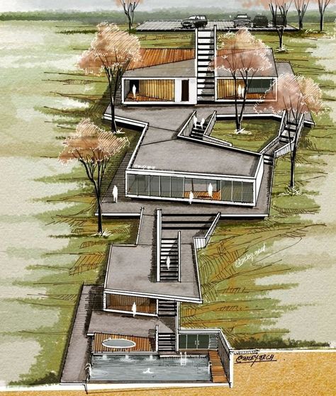 Slope Houses Architecture, Slope Design Architecture, Architecture On A Slope, Sloping Architecture, Building On Slope, Sloped Architecture, Slope House Design Floor Plans, Houses On A Slope, Slope Architecture