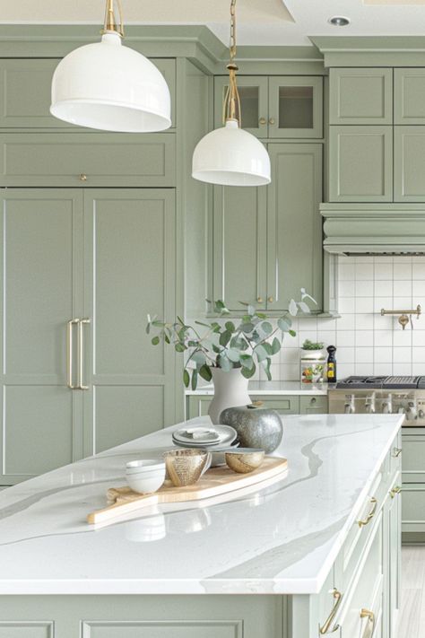 Sage Kitchen Cabinets Modern, Sage Green Kitchen Cabinets Silver Hardware, Kitchen Inspirations Green Cabinets, Green Kitchen Cabinets Silver Hardware, Duck Egg Green Kitchen, Contemporary Kitchen Design Ideas Modern, Green Kitchen Ideas Decor, Sage Green House Interior, Clary Sage Cabinets