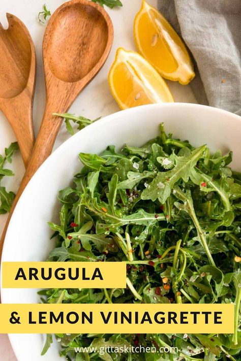 This delicious arugula salad with lemon vinaigrette is ready in minutes. The peppery arugula is the perfect side for pizza, fish, and meat. Arugula Side Dish, Arugula Ceaser Salad, Lemony Arugula Salad, Keto Arugula Salad, Arugula Salad With Lemon Vinaigrette, Cardiometabolic Recipes, Argula Recipes Salad, Arugula Salads, Argula Salad