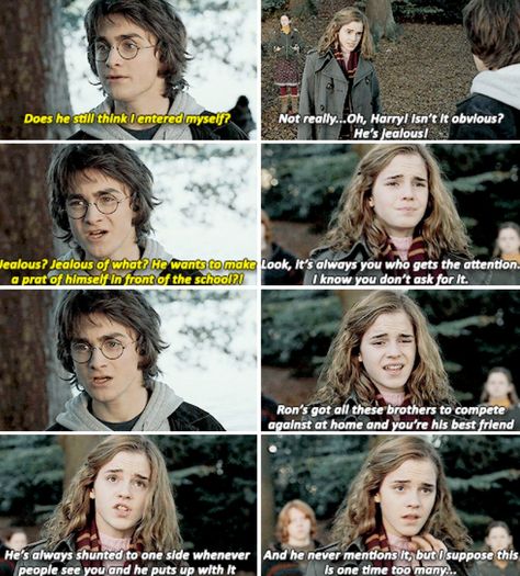 Harry Potter book moments - Hermione and Harry talk about why Ron’s upset at Harry after his name came out of the Goblet of Fire. Hermione And Harry, Which Hogwarts House, Ronald Weasley, Harry Potter Wizard, Yer A Wizard Harry, Maze Runner Series, The Goblet Of Fire, Ron And Hermione, Harry Potter Outfits