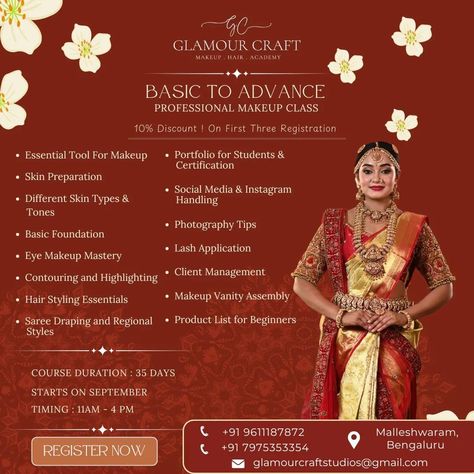 🎨 Become a Certified Makeup Artist with Glamour Craft Academy! 🎨 Enroll in our comprehensive 35-day Professional Makeup Class this September in Bengaluru! 💄 Gain hands-on experience in skin preparation, eye makeup mastery, and client consultation. 🌺 Whether you’re a beginner or an aspiring pro, this course covers everything you need! Register early and enjoy a 10% discount on your fees! 🌼 . 📍 Location: Malleshwaram, Bengaluru 🕒 Time: 11:00 AM to 4:00 PM 📞 Contact us at +91 9611187872 / +91 7... Client Consultation, Makeup Artist Course, Makeup Courses, Hair Academy, Makeup Portfolio, Makeup Course, Makeup Class, Makeup Studio, Highlighter Makeup