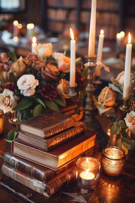 Discover the magic of a love story unfolding within the walls of a nostalgic library. Wedding favors tucked between classic tales and beneath the glow of golden lights, offer a backdrop steeped in romance 📖✨. #WeddingInspiration #VintageWedding #RomanticDecor #LibraryWedding #BookLover #AmberLighting #AntiqueDecor #TimelessLove Elegant Library Wedding, Booklover Wedding, Library Wedding Aesthetic, Bookish Wedding Ideas, Bookworm Wedding, Literary Wedding Theme, Vintage Book Centerpiece, Academia Wedding, Bookish Wedding