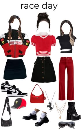 Formula 1 Aesthetic Outfit, Ferrari Tshirt Outfit, Car Rally Outfit Ideas, F1 Outfit Aesthetic, F1 Clothes Outfit, Race Car Outfit Aesthetic, Race Car Aesthetic Outfits, Race Day Outfits F1, F1 Outfit For Women Summer