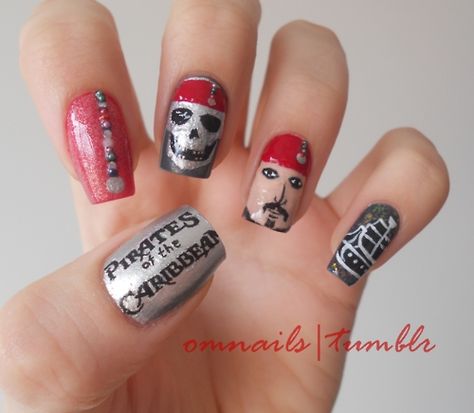 Pirates of the Caribbean Nails - great for pirate night on the cruise Pirate Nail Art, Pirate Nails, Frozen Nails, October Nails, Nail Art Disney, Crazy Nails, Best Nail Polish, Disney Nails, Pirate Party