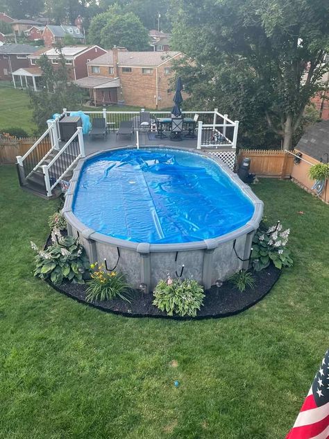 Grill Ideas Outdoor Diy, Square Above Ground Pool Ideas, Trex Pool Deck, Pool Setup Above Ground, Rubber Mulch Around Pool, Small Backyard Above Ground Pool Ideas, Backyard With Above Ground Pool, Its All Coming Together, Above Ground Pool With Deck