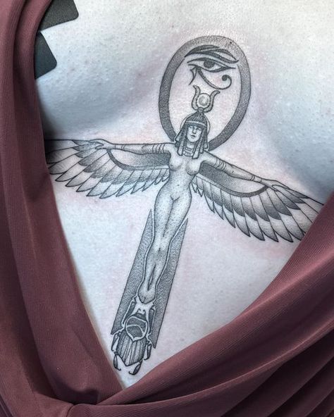 Emilee “Millie” on Instagram: "Walk like an Egyptian…sit like a mummy? 💀 Thank you for sitting like a corpse during this! ��⚰️ makes my job SO much easier! • • • • @black.moon.tattoo #tattoo #tattoos #tattoosofinstagram #ancientegypt #egyptian #egyptiantattoo #scarab #eyeofthoth #ankh #blackandgreytattoo #lineworktattoo #ink #art #artist #tn #knoxville #easttn #knoxvilletattoo #ladytattooers #underbust" Egyptian Saying Tattoo, Ankh Scarab Tattoo, Ma’at Egyptian Goddess Tattoo, Ankh Chest Tattoo Female, Ankh Design Art, Nephthys Tattoo, Egyptian Goddess Tattoos For Women, Ma’at Tattoo, Anch Tattoo Egyptian