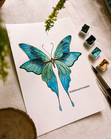 Chithra Shaan (@littleheartcreates) | Instagram Two Butterfly Drawing, Mini Canvas Butterfly Painting, Love Watercolor Art, Metallic Watercolor Butterfly, Animals In Watercolor, Metallic Watercolor Art, Metallic Painting Ideas, Watercolor Butterfly Painting, Fantasy Butterfly Art