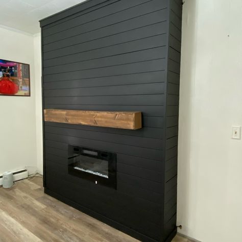 Shiplap fireplace by She Buildz Things • #fireplace #shiplap #black #Amazon #explorepage #custombuild #shebuildzthings Black Shiplap Above Fireplace, Rustic Black Shiplap Wall, Matte Black Shiplap Wall, Black Shiplap Faux Fireplace, Black Shiplap Electric Fireplace Wall With Tv, Fireplace Shiplap, Shiplap Fireplace, Custom Build, Fireplace