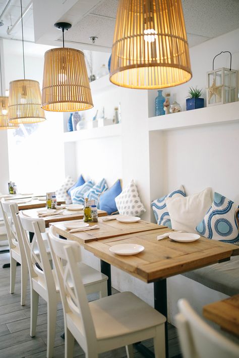 Meraki Greek Bistro Miami | COLOR by K Greek Inspired Dining Room, Coastal Restaurant, Modern Greek Restaurant Design, Greek Style Cafe Design, Greek Cafe Interior Design, Greek Taverna Decor, Coastal Cafe, Greek Style Restaurant Design, Greek Restaurant Design