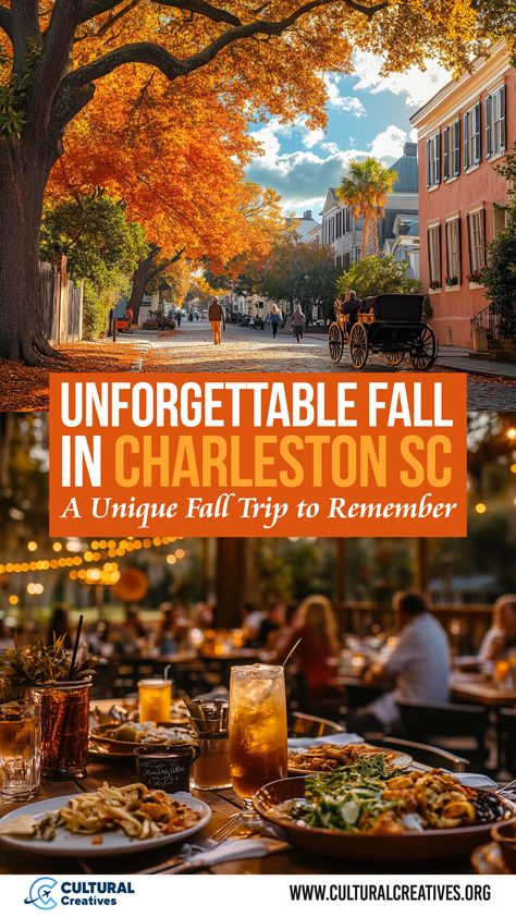 An autumn scene in Charleston SC featuring vibrant orange trees lining a historic cobblestone street, with a horse-drawn carriage and outdoor dining, capturing the essence of an unforgettable fall trip to remember. Charleston Sc In The Fall, Charleston Sc In October, Charleston Girls Trip, Charleston In The Fall, South Carolina Fall, Charleston Itinerary, Charleston Food, Fall Vacation, Fall Beach