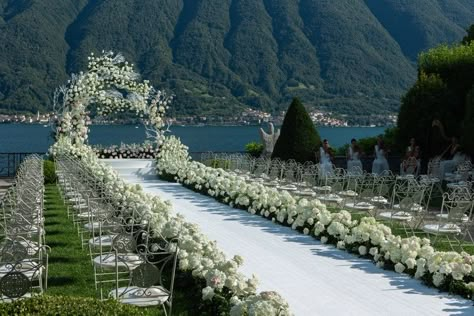 Giorgia Gabriele Wore a Custom Off-White Wedding Dress With a 26-Foot Train to Her Ceremony on Lake Como | Vogue Off White Wedding Dresses, Wedding Setup, Rustic Wedding Decorations, Como Wedding, Dream Wedding Decorations, Dream Wedding Venues, Lake Como Wedding, Wedding Set Up, Dream Wedding Ideas Dresses