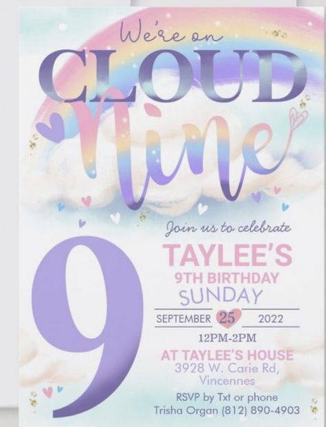 Cloud Nine Birthday Party Decorations, Cloud 9 Invitation, Cloud 9 Birthday, Birthday Event Ideas, 9th Birthday Cake, Science Birthday, Girls Birthday Party Themes, Bday Party Theme, 9th Birthday Parties