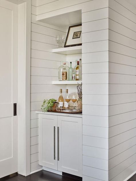 Wet Bar With Open Shelves Beverage Nook, Small Built In Bar, Small Home Bar Ideas, Bar Closet, Small Wet Bar, Dry Bar Ideas, Atlanta Condo, Small Bars For Home, Bar Nook