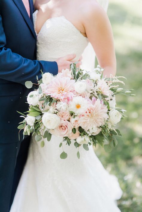 Wedding Bouquets Blush And White, Pink And White Dahlia Bouquet, Blush Pink And White Bouquet, Light Pink Peony Bouquet, Pink Summer Wedding Flowers, Classic Wedding Bouquet Romantic, Pink White Green Bouquet, White And Pink Bouquet Wedding, Big Pink Bouquet