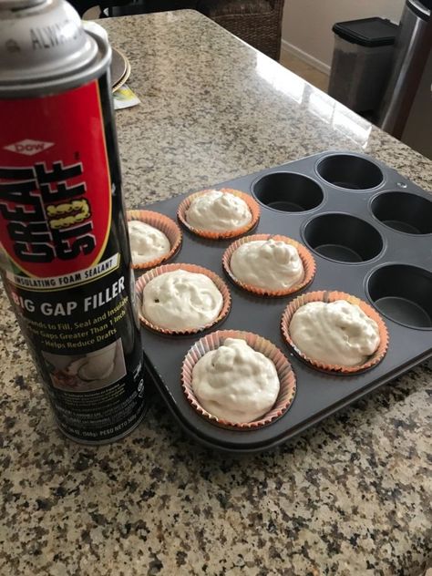 I work in staging homes, and being that every model home has fake food, I have bought a lot of it. But they are so expensive, and I've always wanted to try and make some myself. So, I decided to try my hand at it! I got started by making these faux cupcakes for Halloween. Here's how I did it.    What you’ll need to start: cup cake pan and cupcake liners spray foam paint beads cinnamon plastic toys or rings wall filler /compound / Speckle zip lock baggie cake tip    Start by putting yo… Spray Foam Cupcakes, Spray Foam Art, How To Make Fake Cupcakes For Display, Faux Cupcakes Diy How To Make, How To Make Fake Whipped Cream Mug Toppers, Diy Halloween Cupcakes, Food Props Diy, Fake Desserts, Cupcakes For Halloween