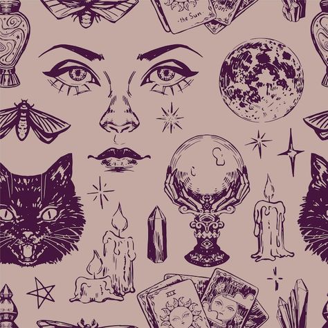 Vintage Witch Tattoo, Vintage Halloween Pattern, Witchcraft Illustration, Bleached Clothing, Vintage Halloween Illustration, Celestial Halloween, Family Disappointment, Witch Vector, Witchy Pattern