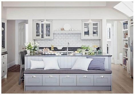 Kitchen Islands With Bench Seating: Ideas and Inspiration | Hunker Kitchen Island With Bench Seating, Kitchen Islands Ideas With Seating, Small Kitchen Island Ideas, Shaker Kitchen Design, Small Kitchen Island, London Kitchen, Farmhouse Kitchen Island, Kitchen Island With Seating, Island With Seating