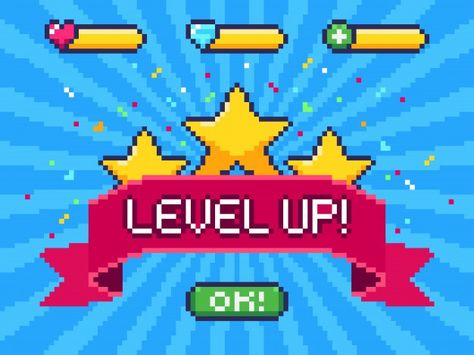 Level up screen. pixel video game achiev... | Premium Vector #Freepik #vector #ribbon #star #mobile #game Game Achievement, Pixel Video Game, Pixel Video, Game Over Screen, Arcade Game Machines, Yearbook Themes, Gameboy Color, Pixel Art Games, Pixel Games