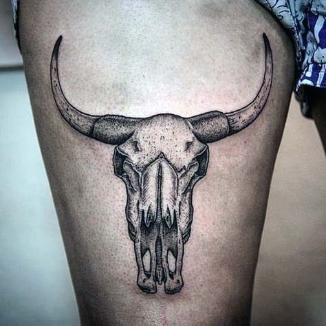 Dotwork Bull Skull Thigh Tattoo For Males Skull Tattoo Sleeve, Bull Skull Tattoo, Cow Skull Tattoos, Deer Skull Tattoos, Bull Skull Tattoos, Bull Tattoos, Taurus Tattoos, Calf Tattoo, Skull Tattoo Design