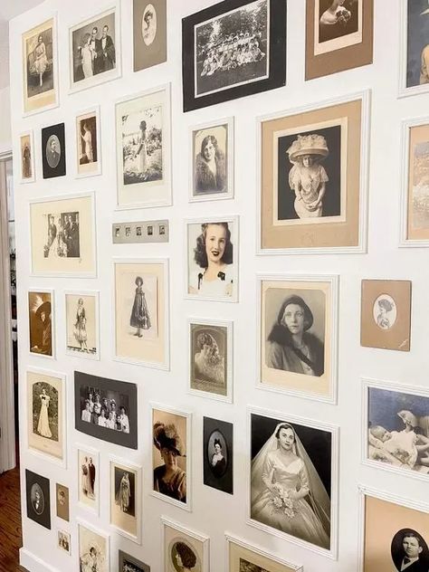 Ways To Display Old Family Photos, How To Display Small Photos, Things To Do With Old Photos, Old Photos Display Ideas, How To Display Family Photos On Wall Hallways, How To Display Old Photos, Ancestor Photo Wall, Displaying Old Photos, Old Photo Collage Ideas