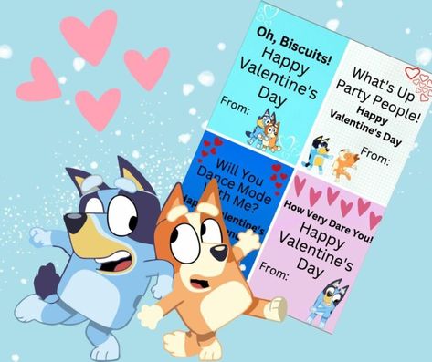 Free Printable Bluey, Bluey Valentines, Printable Bluey, Valentine's Boxes, Valentine Cards For Kids, Valentines Gift Bags, Valentine Day Boxes, Cards For Kids, Happy Party